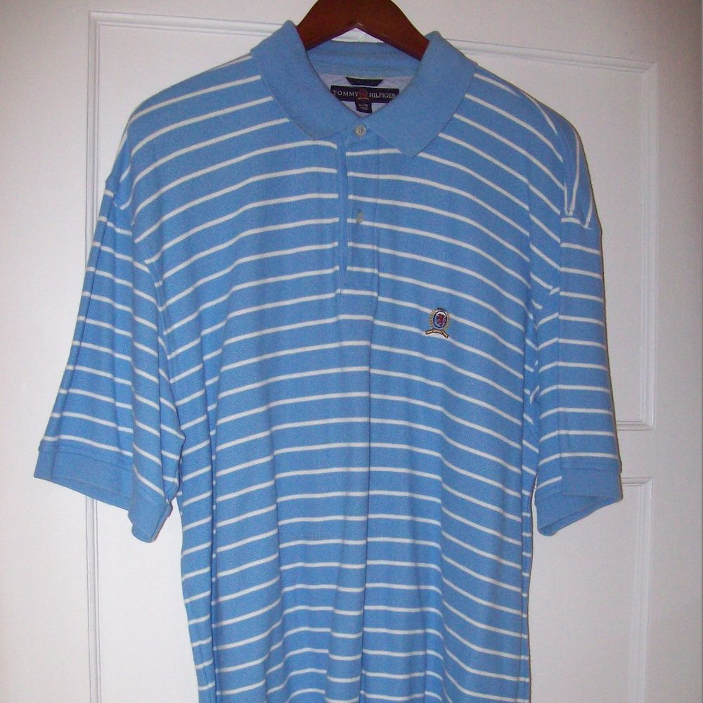 Tommy Hilfiger Men's XL Polo Blue with White Stripes Short Sleeve